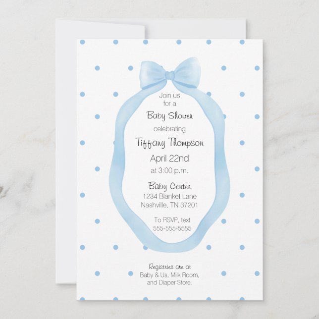 Ribbon Gerahmt Blue and White Bow Polka Dots Einladung (Vorderseite)