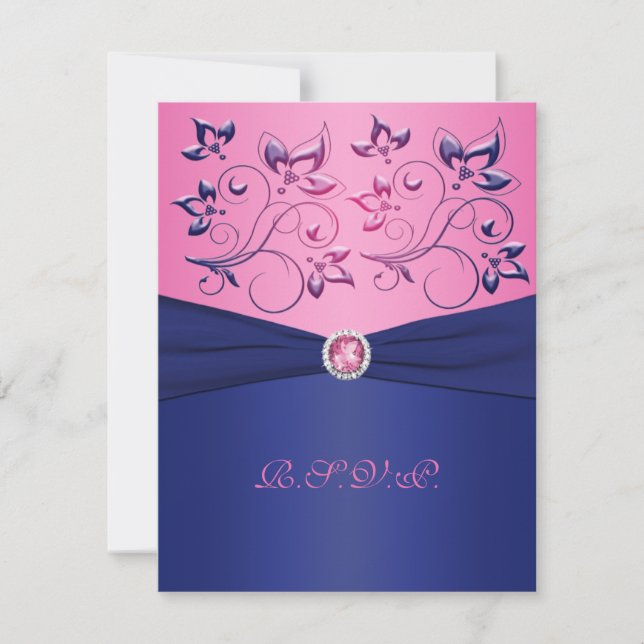 RIBBON Navy, Pink Floral RSVP Card Karte (Vorderseite)