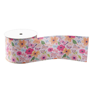 Ribbon Pink Blumengarten mit Schmetterlingen Ripsband