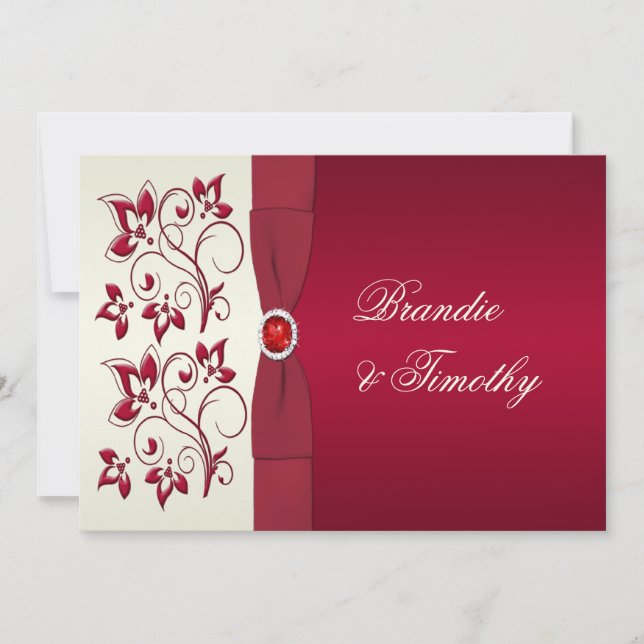 RIBBON Red, Elfenbeinblume Hochzeitsinvikt Einladung (Vorderseite)