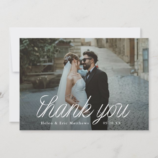 Ribbon Script Minimalist Wedding Photo  Dankeskarte (Vorderseite)