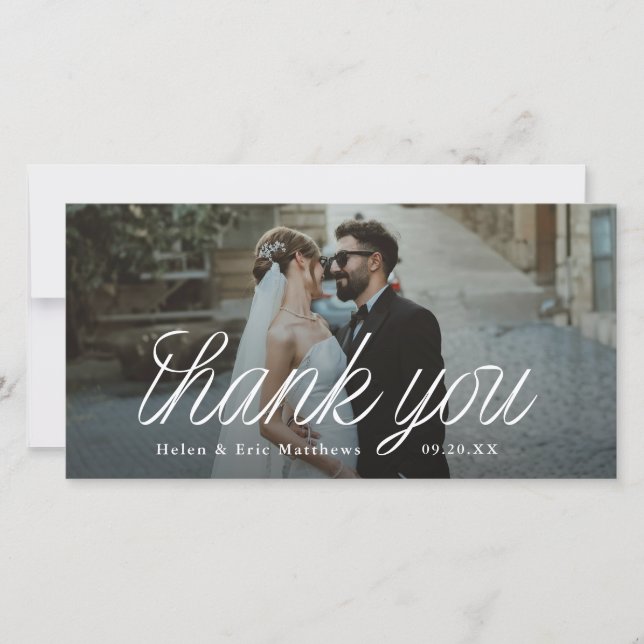 Ribbon Script Minimalist Wedding Photo Tall Dankeskarte (Vorderseite)
