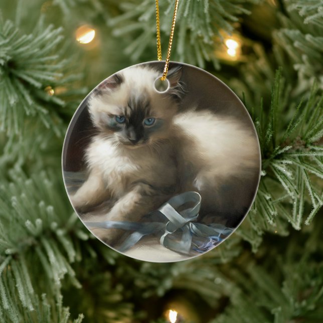 Ribbon Tangle Siamese Kitten Keramik Ornament (Baum)