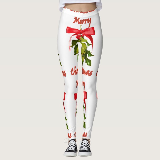ribboned Mistelzweig der frohen Weihnachten Rot Leggings (Vorderseite)