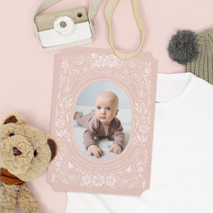 Ribbons und Rose Baby Blush Pink Foto Geburt Einladung