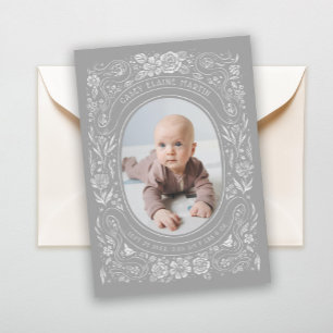 Ribbons und Rose Baby Light Gray Foto Birth Ankündigung