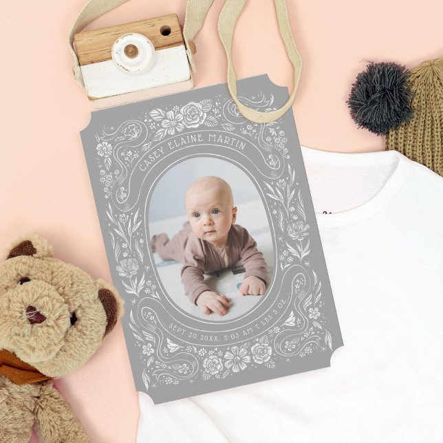 Ribbons und Rose Baby Light Gray Foto Birth Einladung (Von Creator hochgeladen)