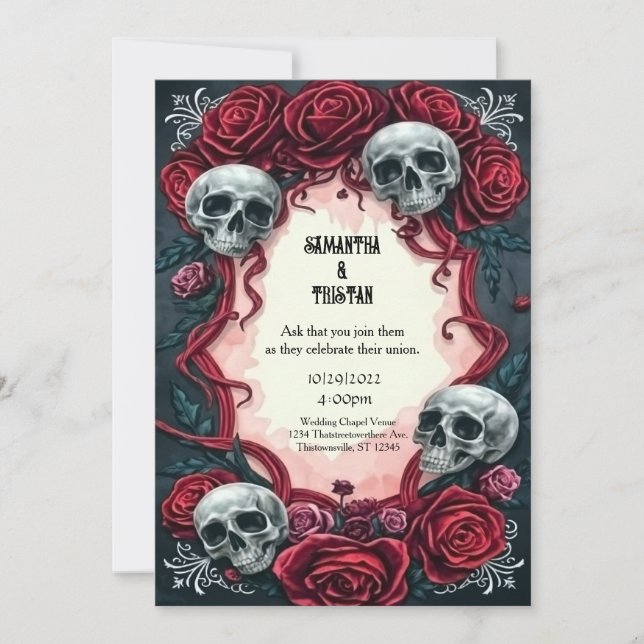 Ribbons und Rose Skulls Gotische Hochzeit Einladung (Vorderseite)
