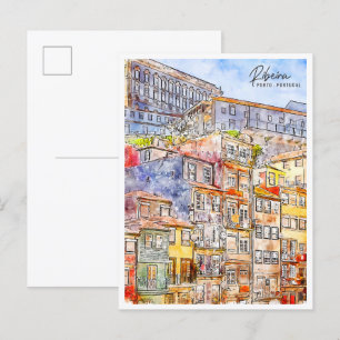 Ribeira Porto Portugal Vintage-Reise Wasserfarbe Postkarte