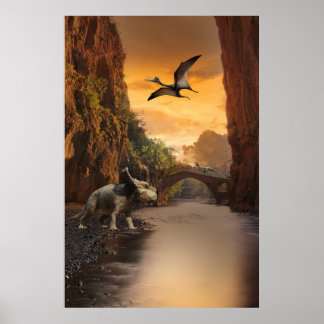 Riceratops, Velociraptor und Pterodactyl Poster