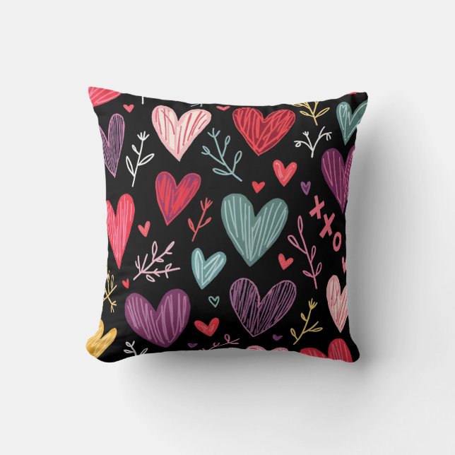 Rich Black Playful Hand-Drawn Hearts Throw Pillow Kissen (Vorderseite)