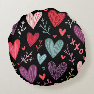 Rich Black Playful Hand Gezeichnet Herz Rundkissen Rundes Kissen