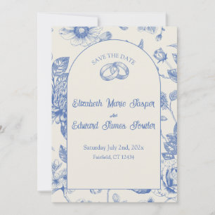 Rich Blue Französisch Blumentoilette Save the Date Einladung