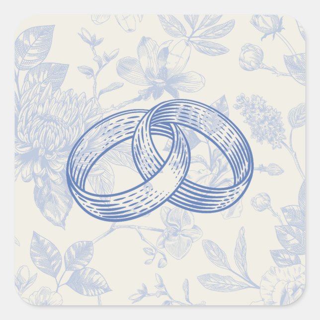 Rich Blue French Floral Toile Floral Wedding Bands Quadratischer Aufkleber (Vorderseite)