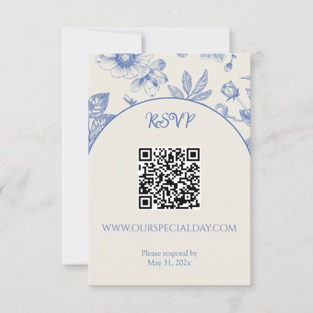 Rich Blue French Floral Toile QR-Code RSVP Karte (Vorderseite)