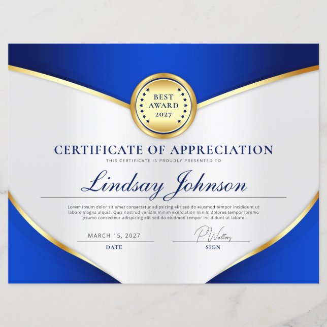 Rich Blue & Gold Certificate of Appreciation Flyer (Vorderseite)