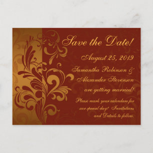 Rich Brick Red / Gold Reverse Swirl Save the Date Ankündigungspostkarte