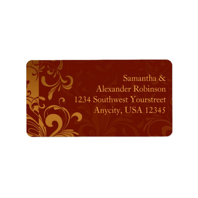 Rich Brick Red und Gold Reverse Swirl Adressaufkleber (Vorne)