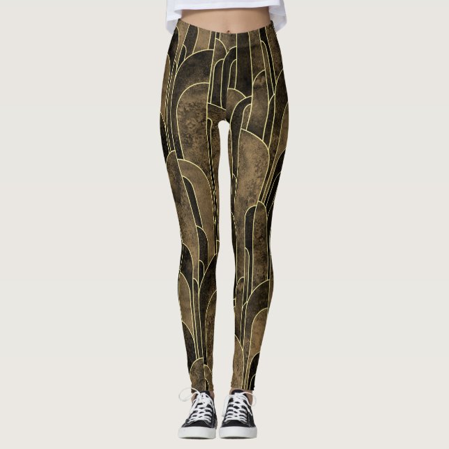 Rich Brown and Gold Art Deco Muster Leggings (Vorderseite)