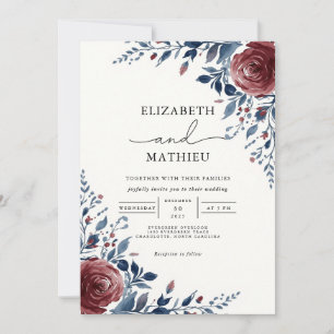 Rich Burgundy Blue Botanical Floral Wedding Einladung