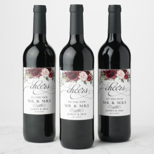 Rich Burgundy Red Blush Pink Floral Wedding Weinetikett