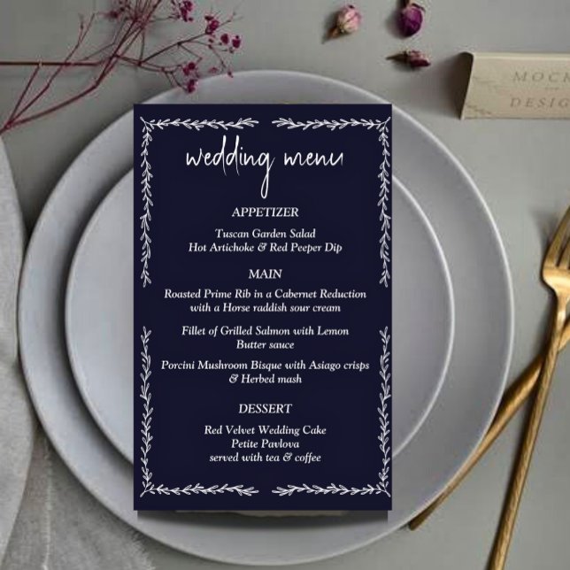 Rich Dark Blue Black Wedding Menu Card (Von Creator hochgeladen)