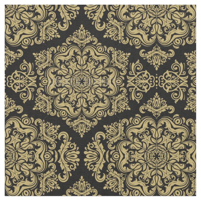 Rich Gold auf Black Damask Fabric Stoff (Nahaufnahme)