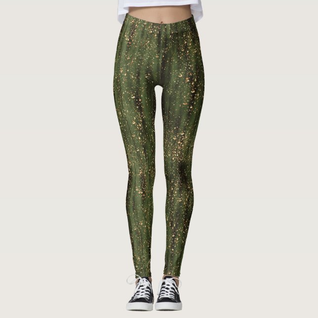 Rich Green and Gold Abstrakt Sparkle Muster Leggings (Vorderseite)