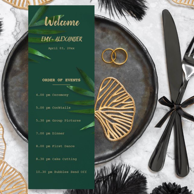 Rich Green Golden Theme Programm (Wedding timeline card in a Nature green theme )