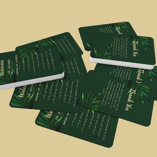 Rich Green Golden Theme Programm Fächer (Hand fan with wedding event details along with a thank you note)