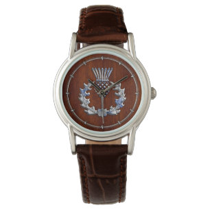 Rich Mahogany Wood Scottish Thistle Print Armbanduhr