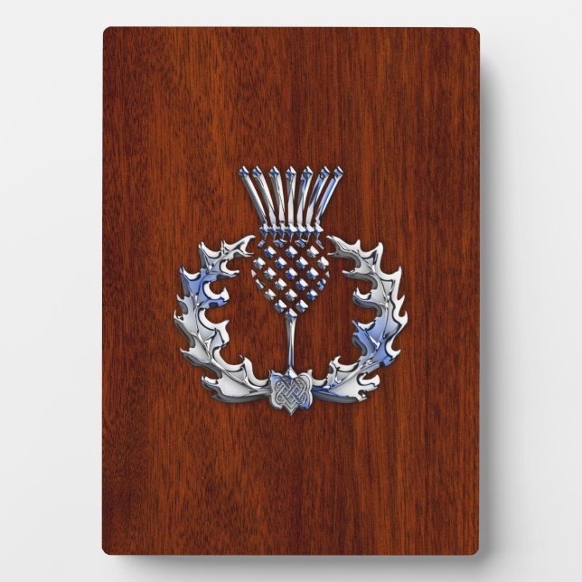 Rich Mahogany Wood Scottish Thistle Print Fotoplatte (Vorderseite)