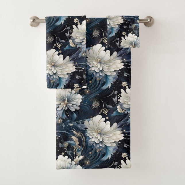 Rich Navy Blue Starlight Blumenmuster Badhandtuch Set (Insitu)