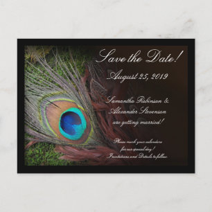 Rich Peacock Feather Green Moss Save the Date Card Ankündigungspostkarte