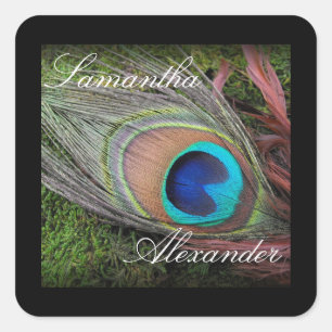 Rich Peacock Feather mit grünem Moss Quadratischer Aufkleber