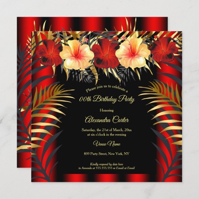 Rich Red Black Gold Gelb Hibiskus Blumenkohl Party Einladung (Vorne/Hinten)