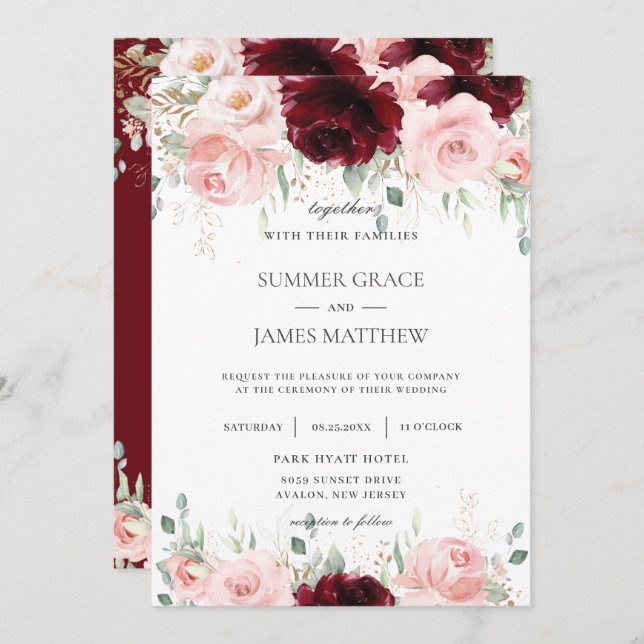 Rich Red Burgundy Blush Pink Roses Blumenhochzeit Einladung (Vorne/Hinten)