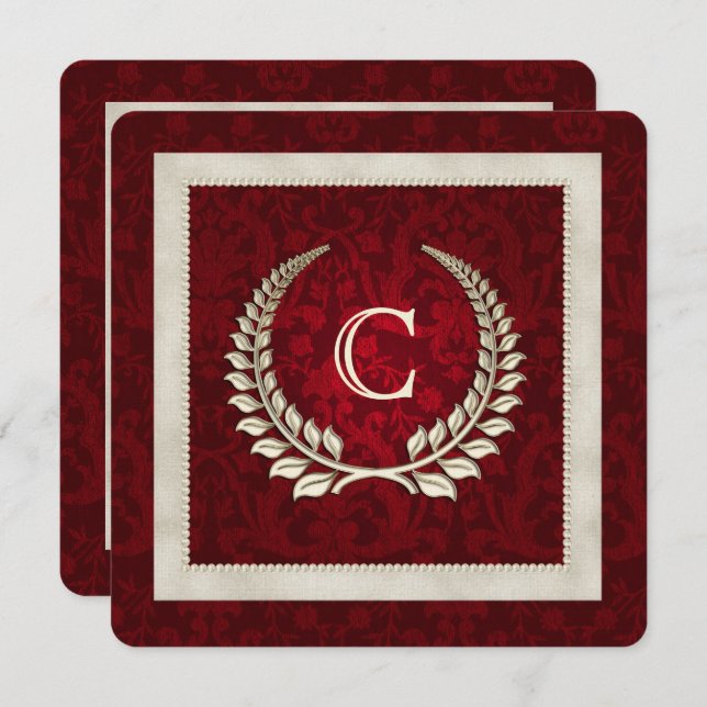 Rich Red Damask and Pearls Einladung zur Hochzeit (Vorne/Hinten)