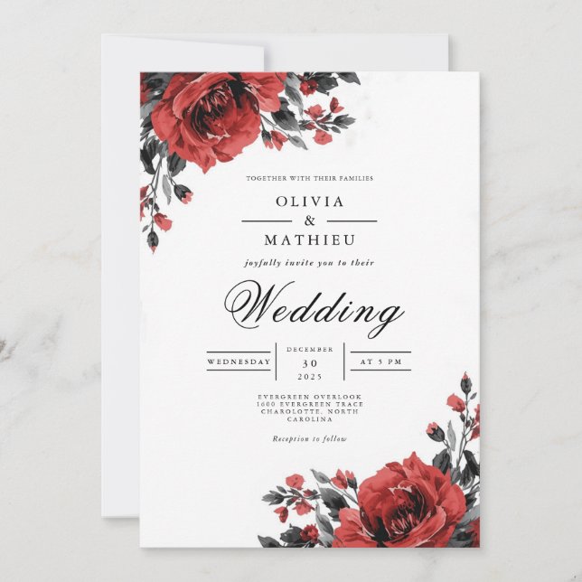 Rich Red Floral Romantic Wedding Einladung (Vorderseite)