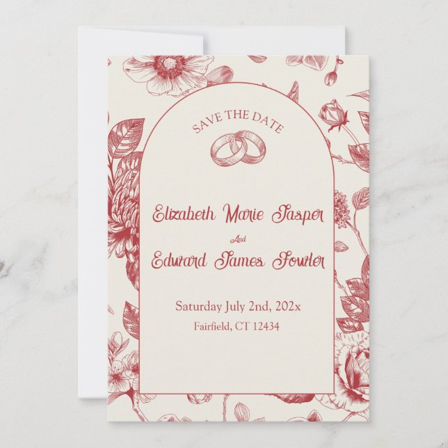 Rich Red French Floral Toile Save the Date Einladung (Vorderseite)