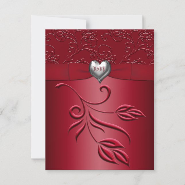 Rich Red Silver Heart Repcard RSVP Karte (Vorderseite)