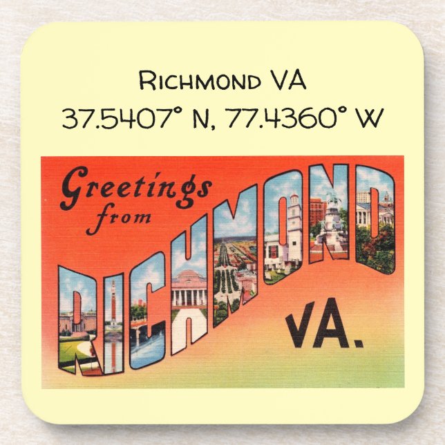 Richmond VA, Map Coordinates, Vintag Style Getränkeuntersetzer (Vorderseite)
