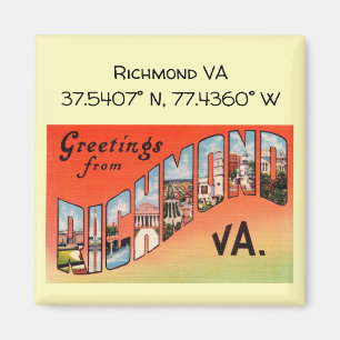 Richmond VA, Map Coordinates, Vintag Style Magnet