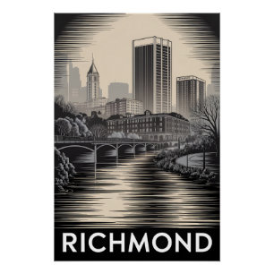 Richmond Virginia Skyline Schwarz Weiß Holzschnitt Poster