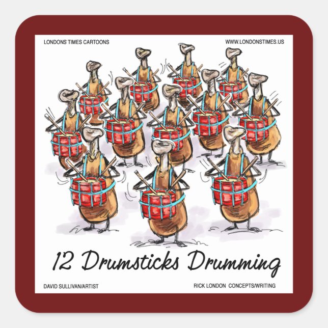 Rick London "12 Drumsticks Drumming" Weihnachten Quadratischer Aufkleber (Vorderseite)