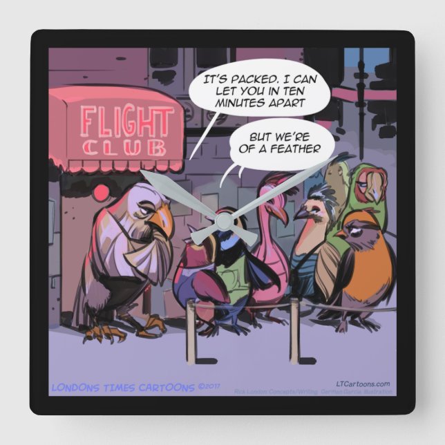 Rick London "Birds of a Feather" Funny Wallclock Quadratische Wanduhr (Vorderseite)