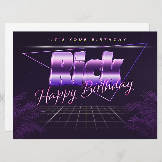 Rick Name Vorname lila retro Karte Geburtstag (Vorne/Hinten)