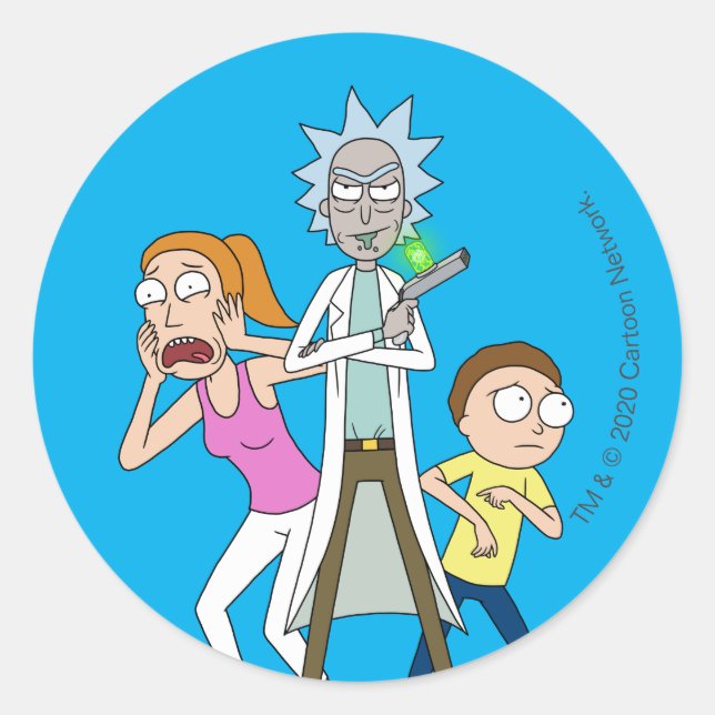 RICK UND MORTY™ | Rick, Morty und Summer Runder Aufkleber (Vorderseite)