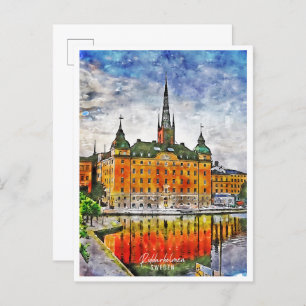 Riddarholmen Schweden Vintage Reise Aquarell Postkarte
