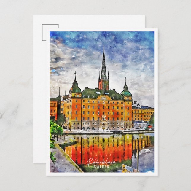Riddarholmen Schweden Vintage Reise Aquarell Postkarte (Vorne/Hinten)